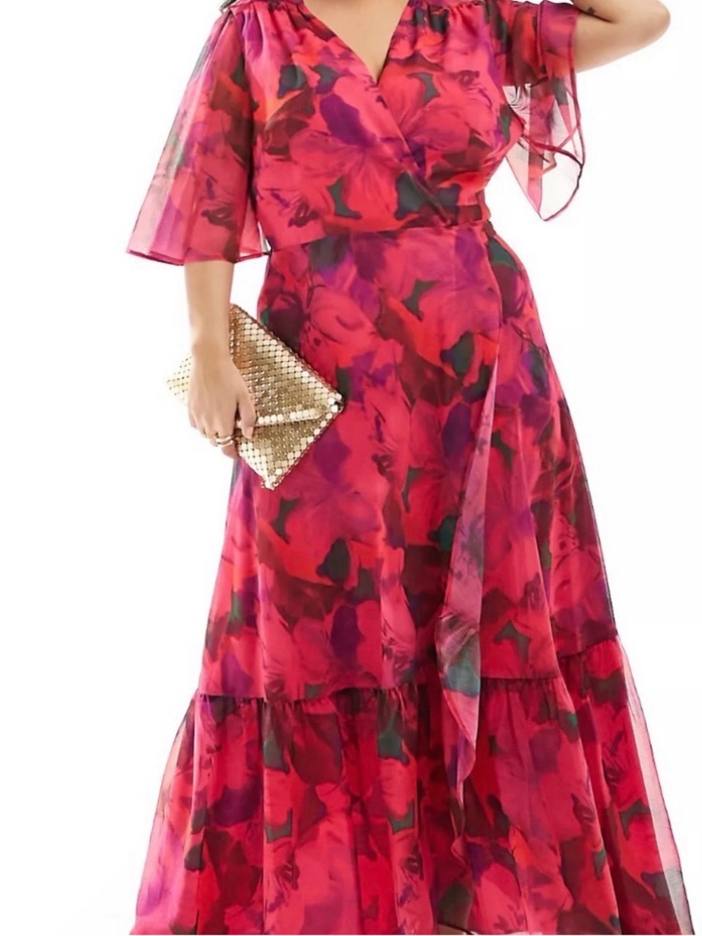 Plus-Size Floral Wrap Maxi Dress in Red Pink